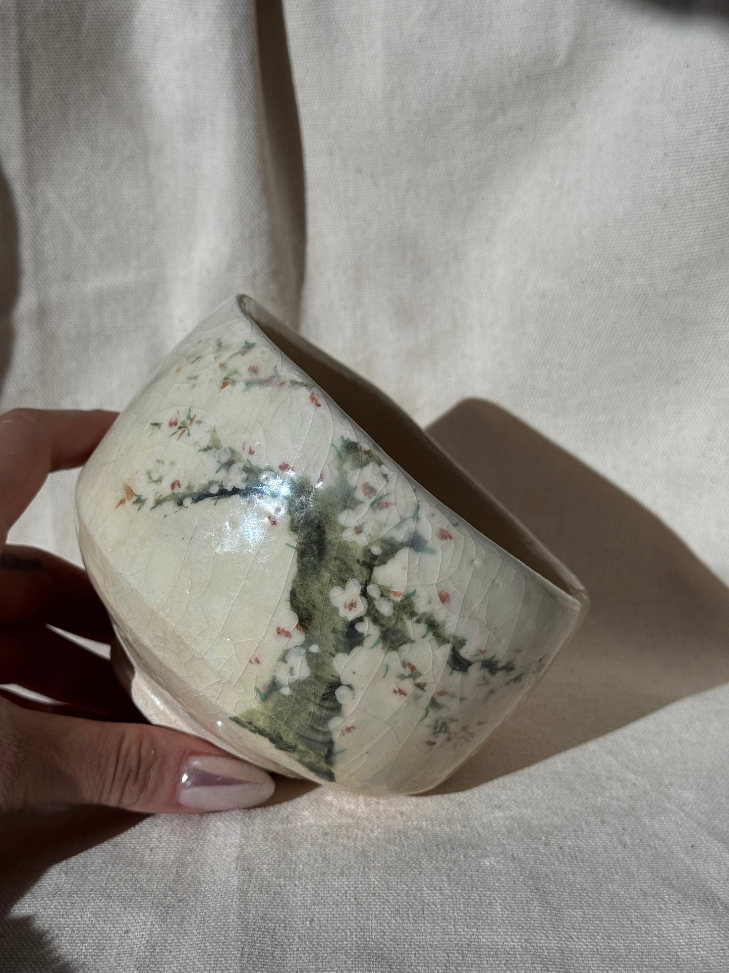 MATCHA BOWL WHITE GLAZE BLOSSOM HANDPAINTED RAKU ๐ธ