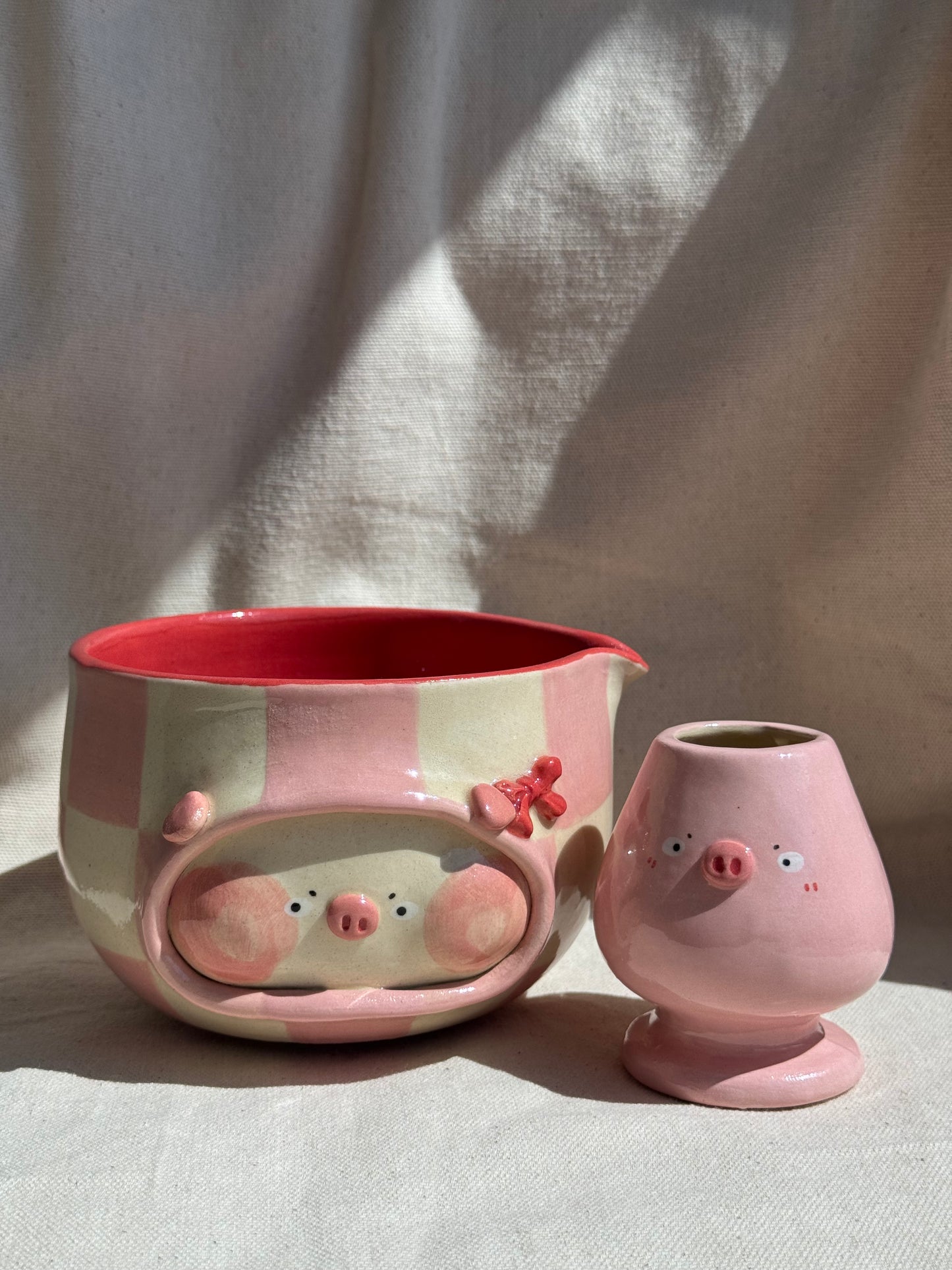 MATCHA BOWL PINK CHECKERED PIGGY KATAKUCHI SET πΈ