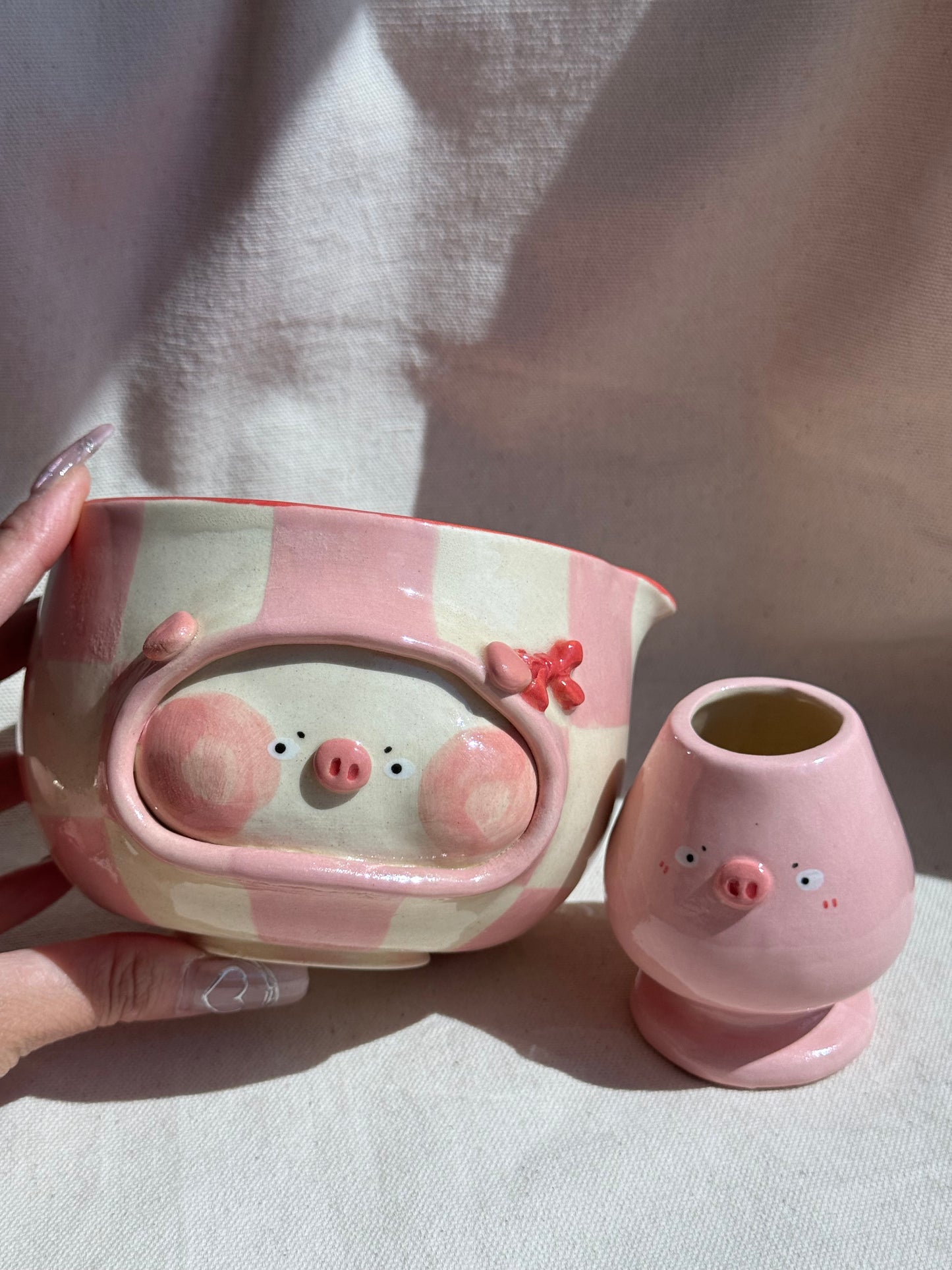 MATCHA BOWL PINK CHECKERED PIGGY KATAKUCHI SET πΈ