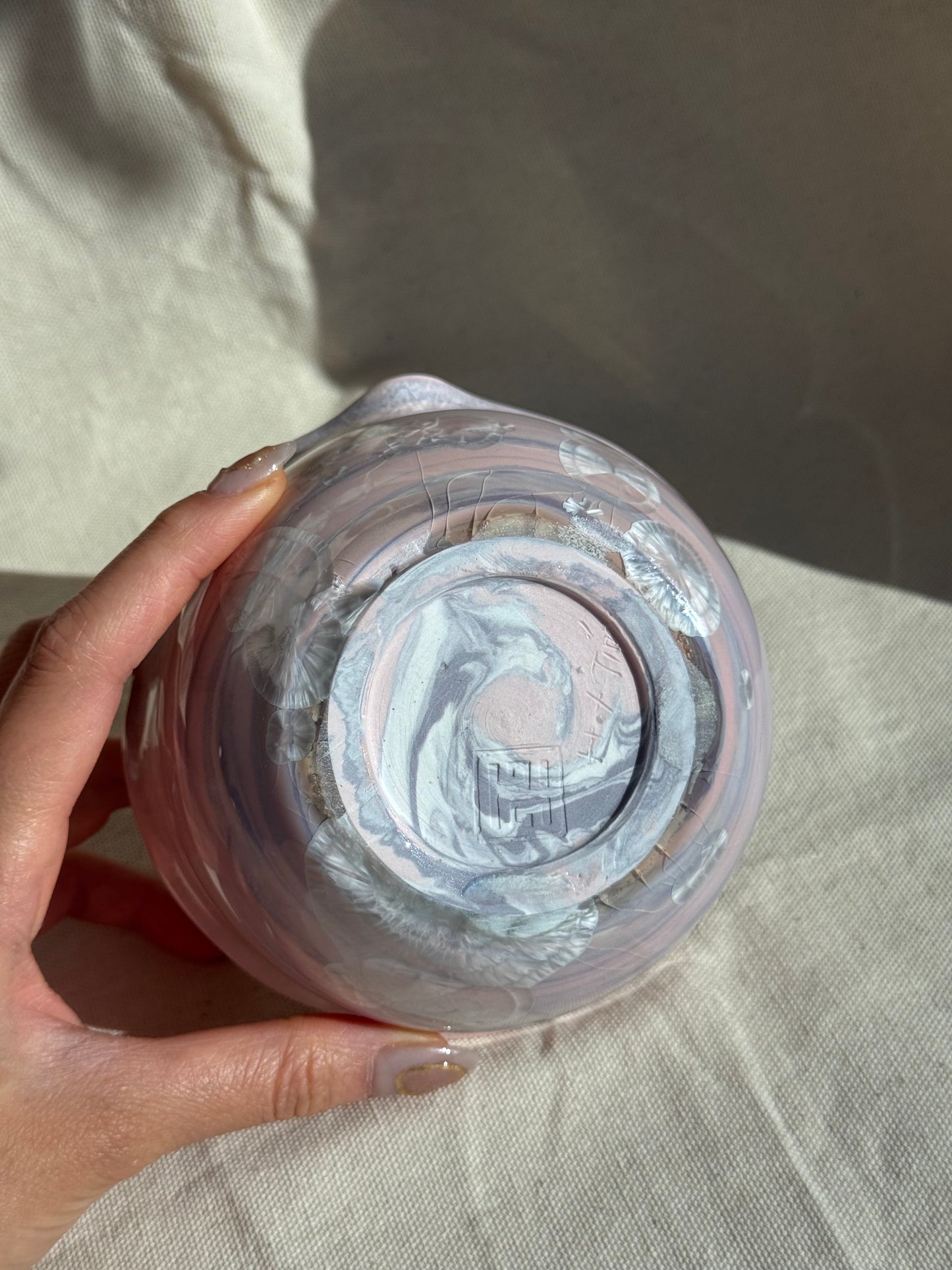 MATCHA BOWL FLORAL PURPLE PINK MARBLE GLAZE KATAKUCHI πΈ