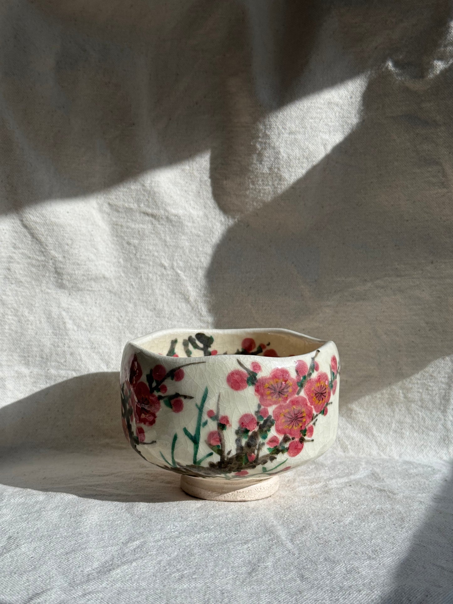 MATCHA BOWL WHITE RAKU WITH CHERRY PLUMS πΈ
