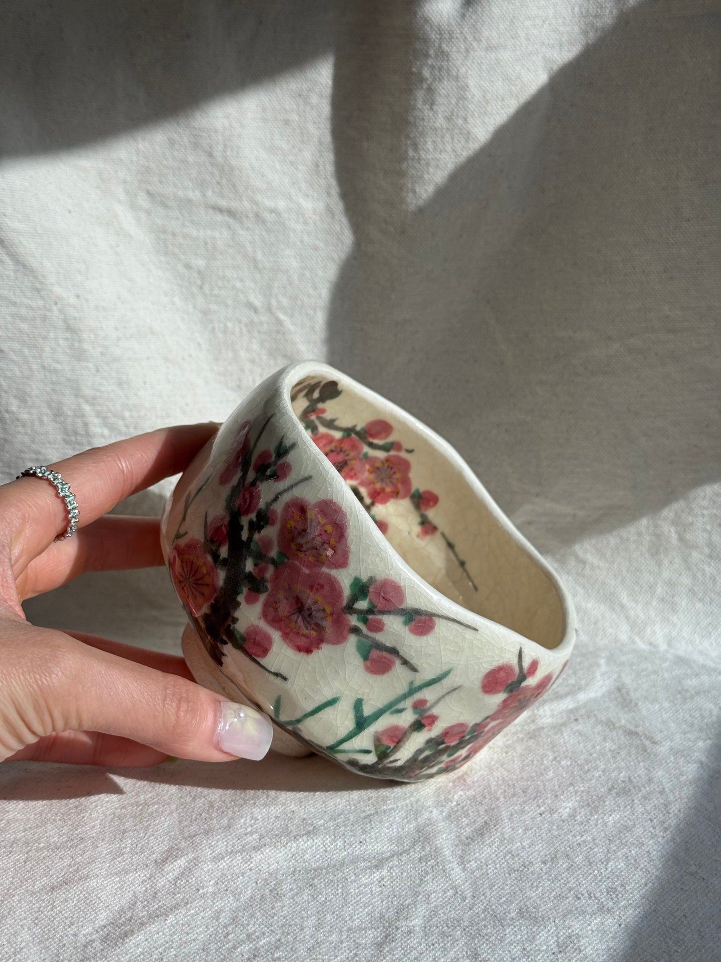 MATCHA BOWL WHITE RAKU WITH CHERRY PLUMS πΈ