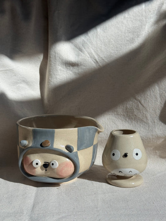 MATCHA BOWL GREY CHECKERED KATAKUCHI SET 🌸