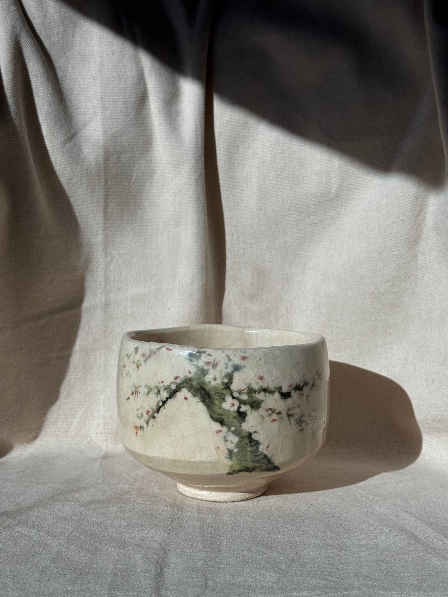 MATCHA BOWL WHITE GLAZE BLOSSOM HANDPAINTED RAKU 🌸