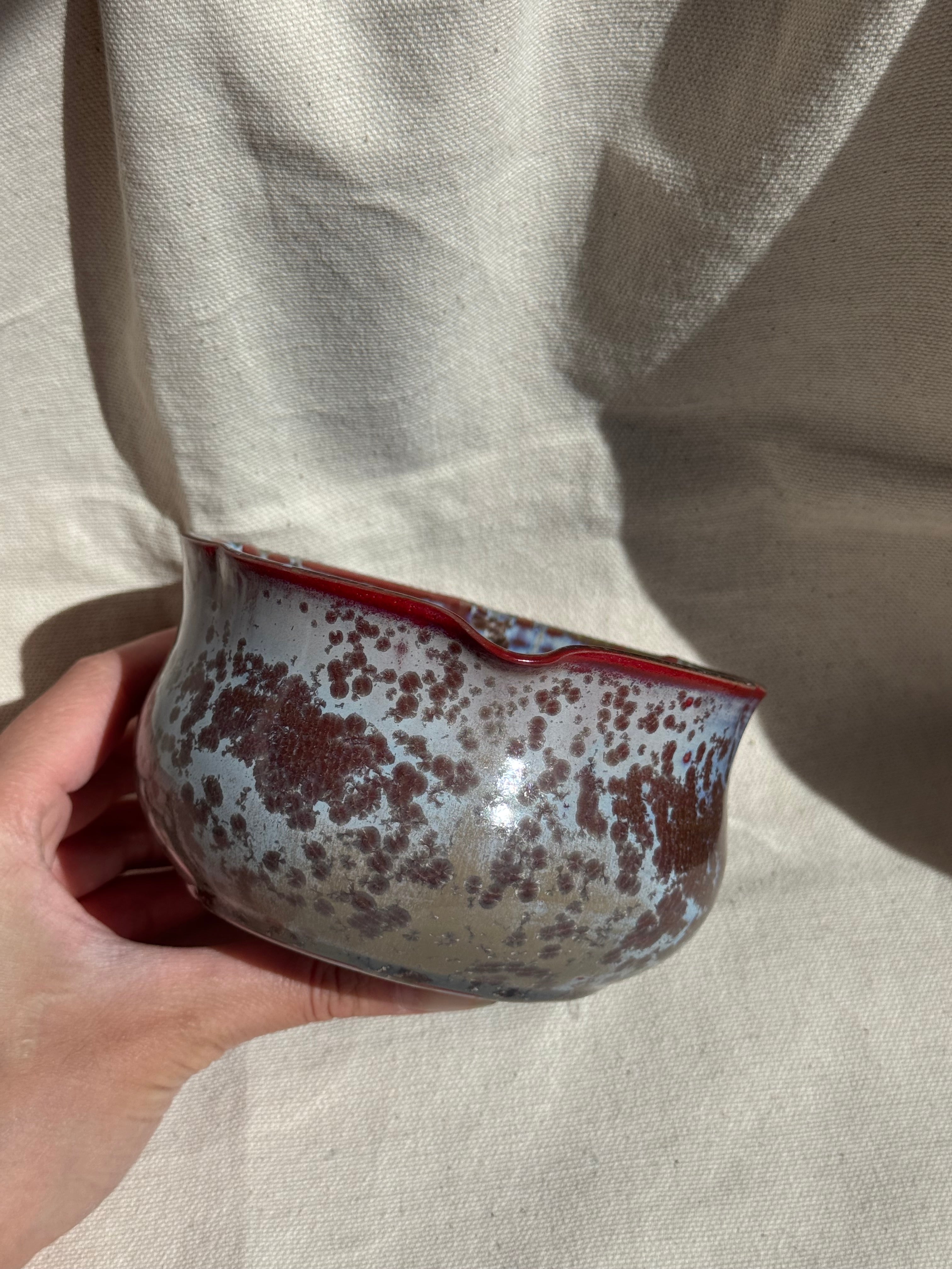 Matcha Bowl Blue Clay Brown Dots Floral Katakuchi - Thumbnail 3