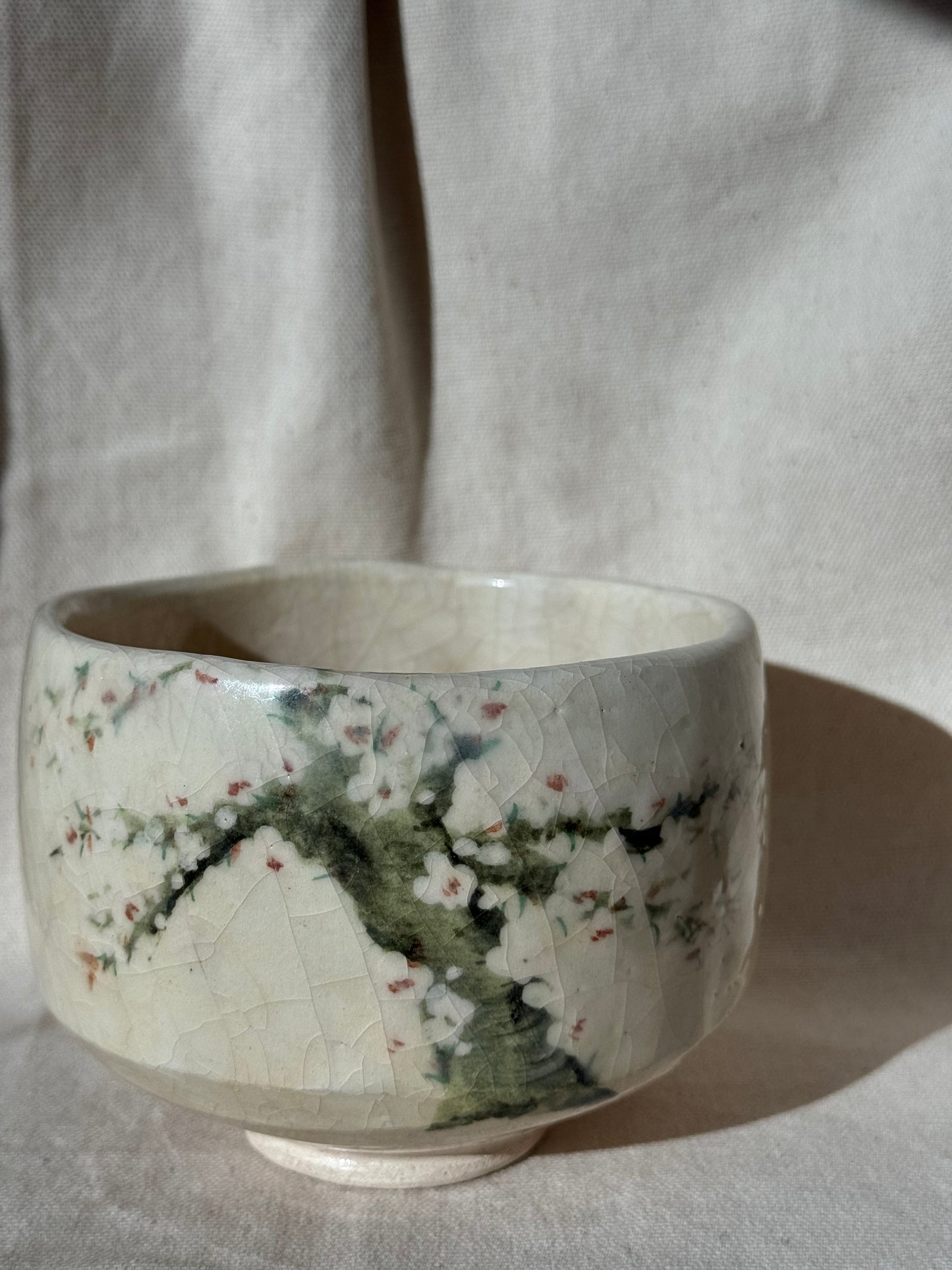 MATCHA BOWL WHITE GLAZE BLOSSOM HANDPAINTED RAKU 🌸