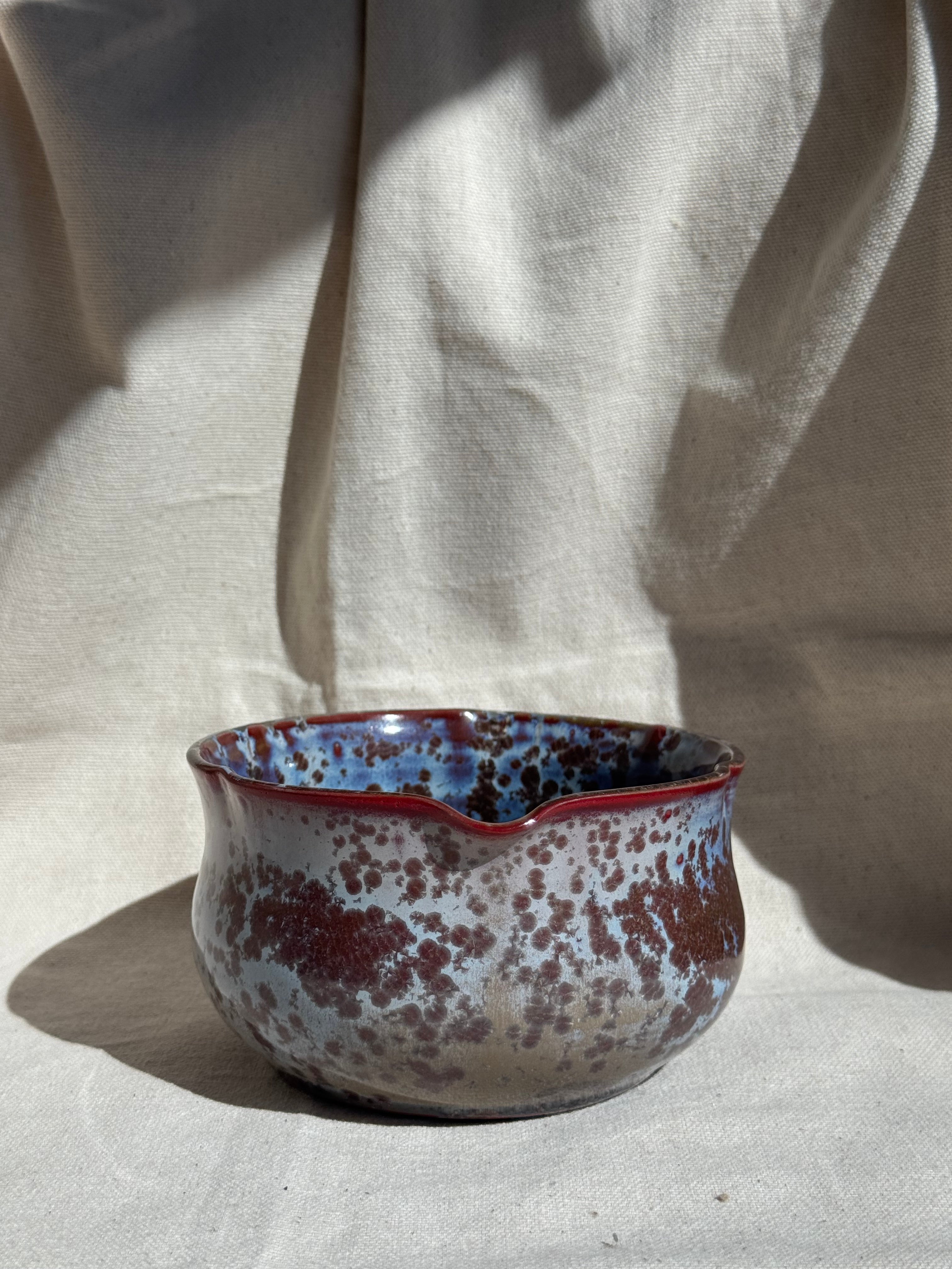 Matcha Bowl Blue Clay Brown Dots Floral Katakuchi