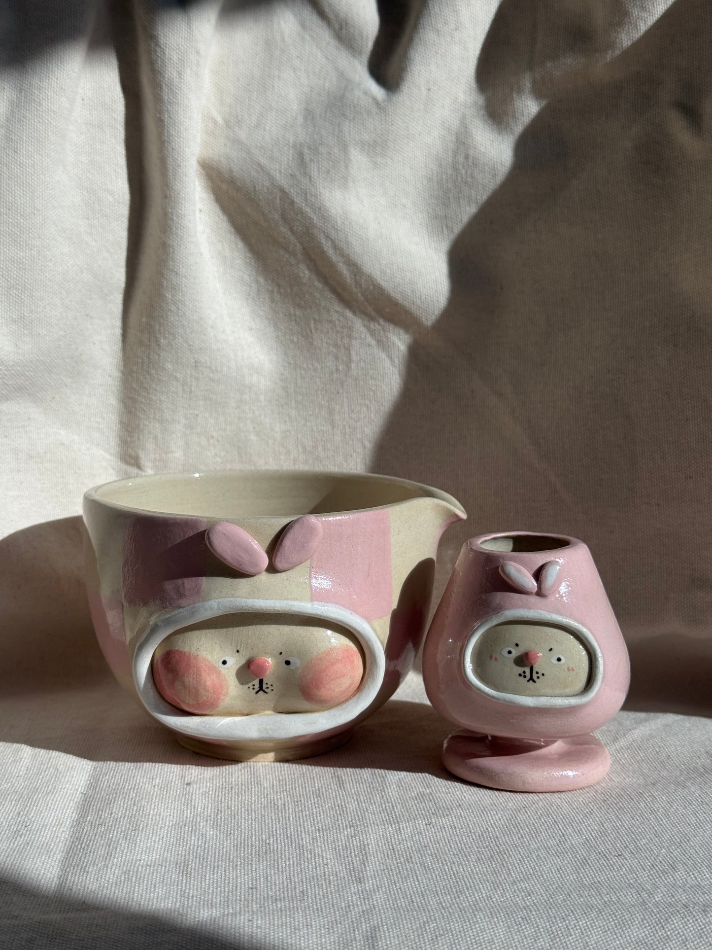 MATCHA BOWL RABBIT PINK CHECKERED KATAKUCHI SET 🌸
