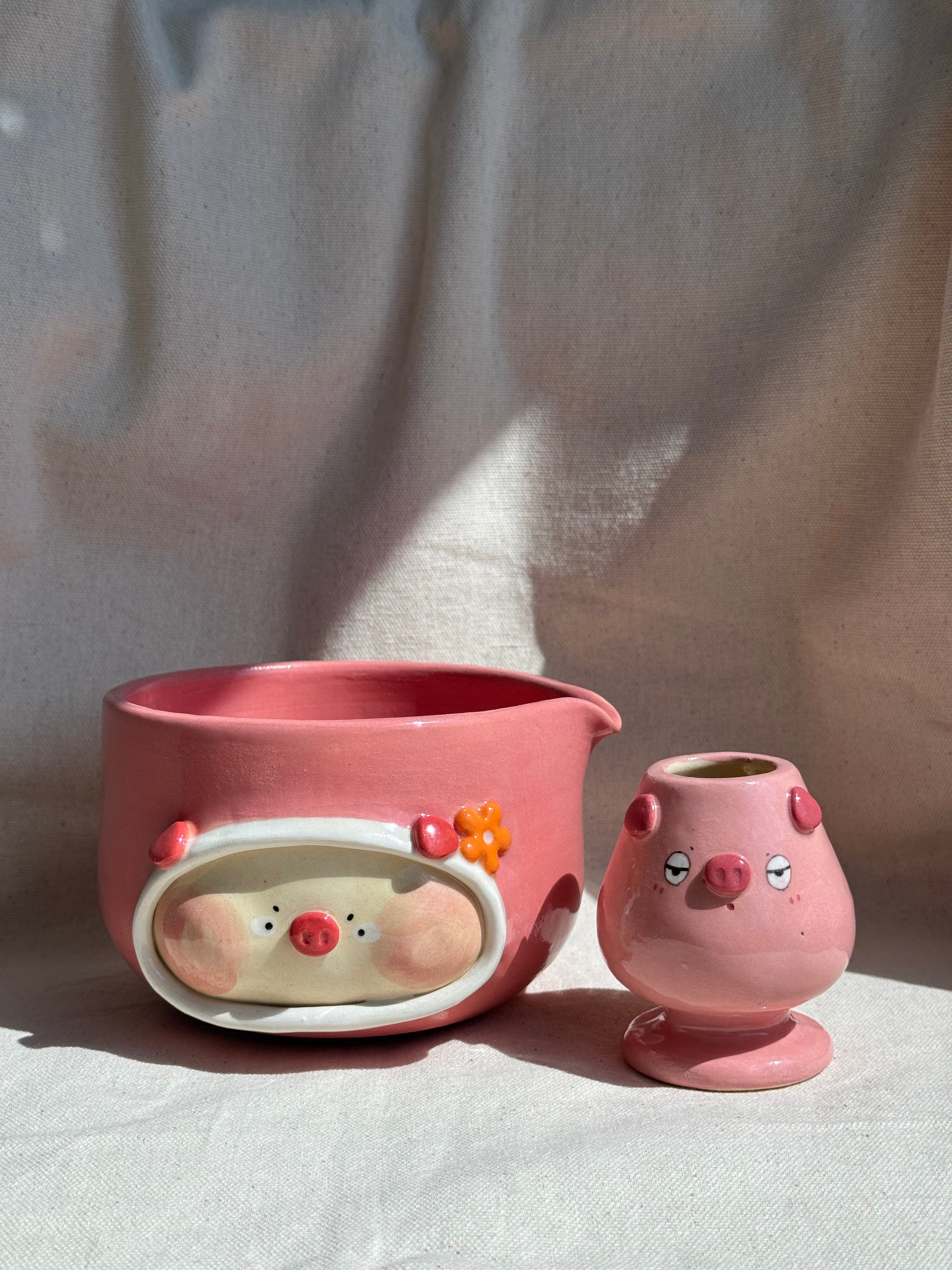 Matcha Bowl Pink Piggy Katakuchi Set - Thumbnail 3