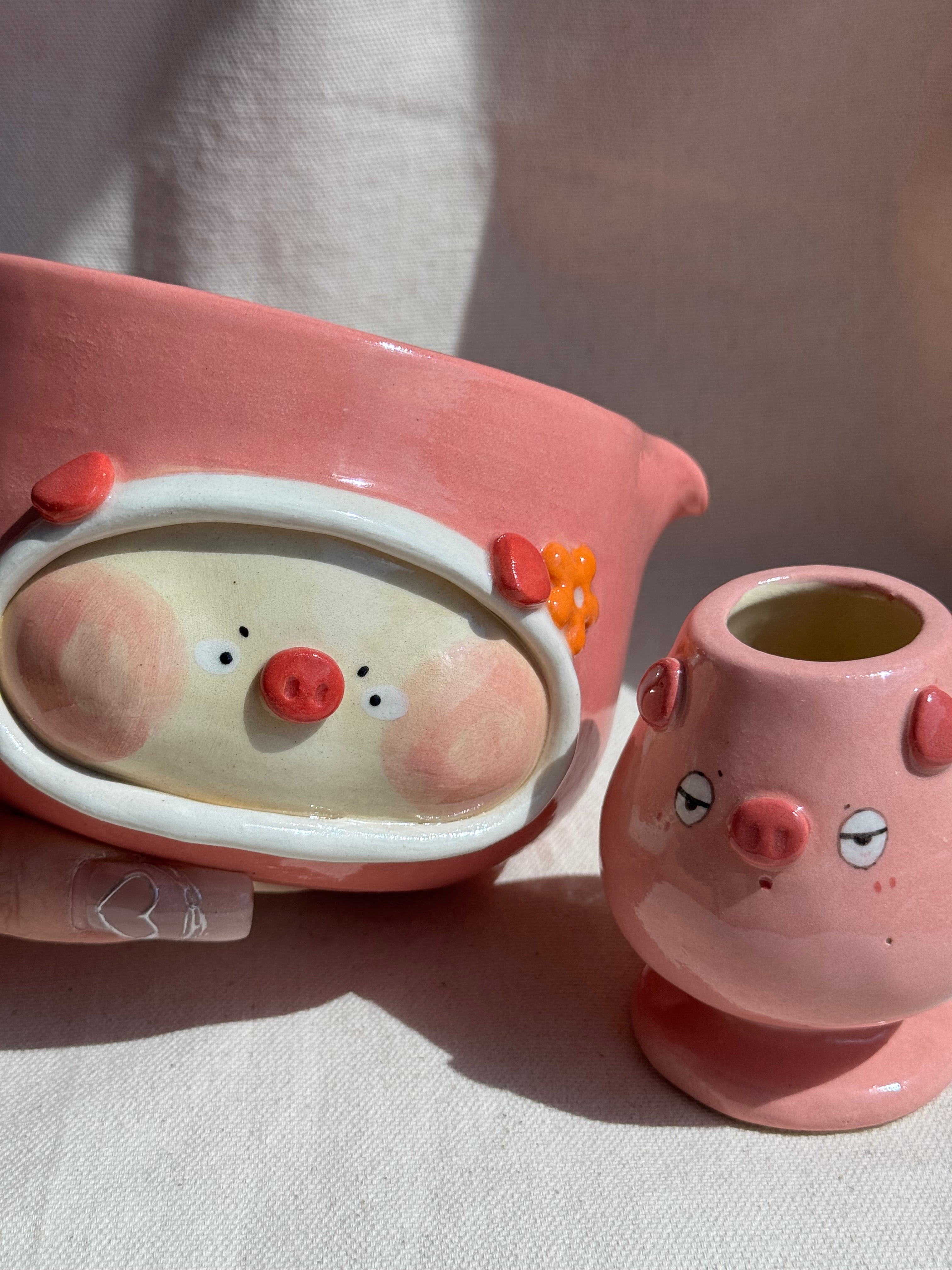 Matcha Bowl Pink Piggy Katakuchi Set - Thumbnail 4