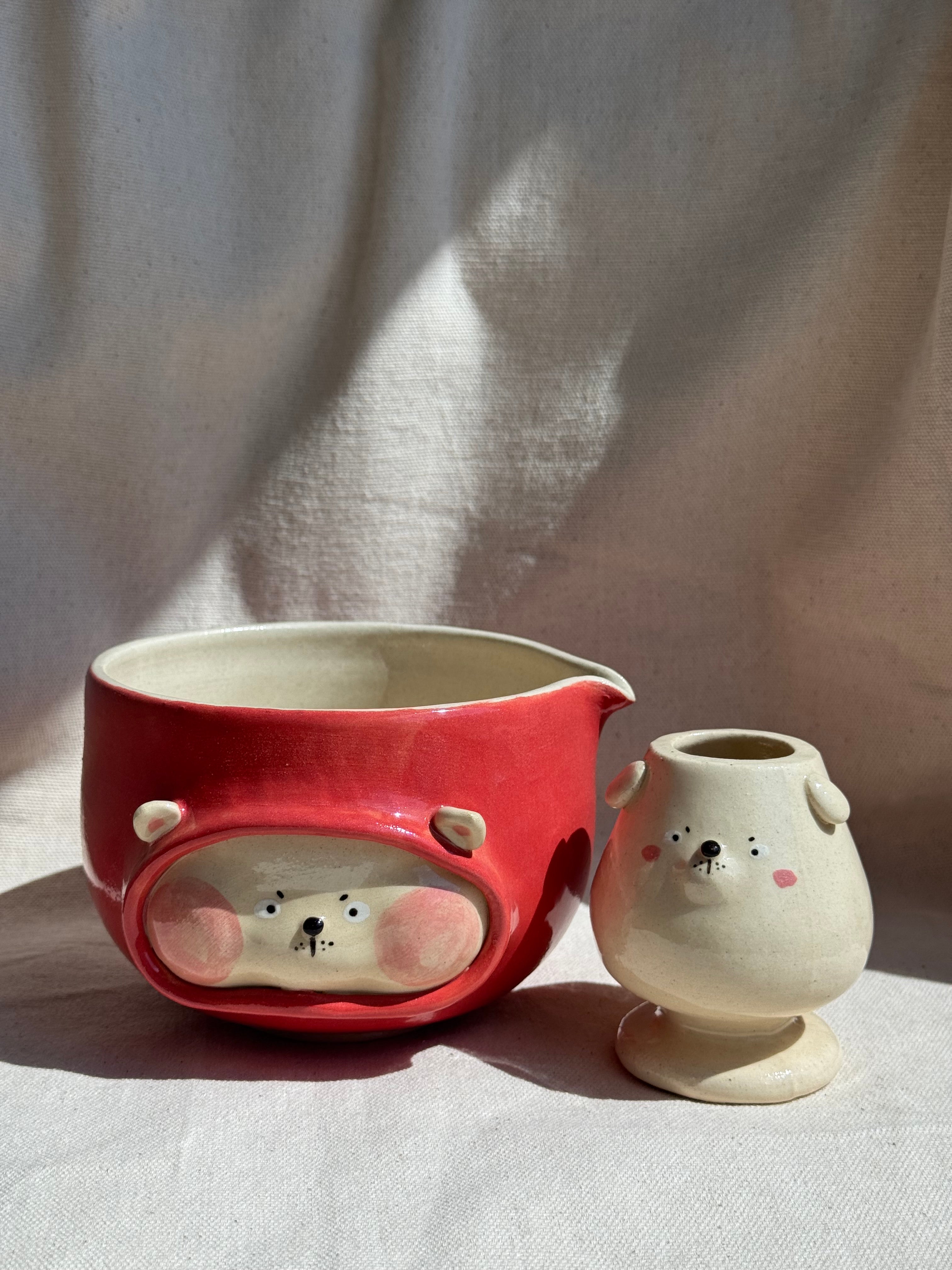 Matcha Bowl Red Checkered Doggy Katakuchi Set - Thumbnail 2