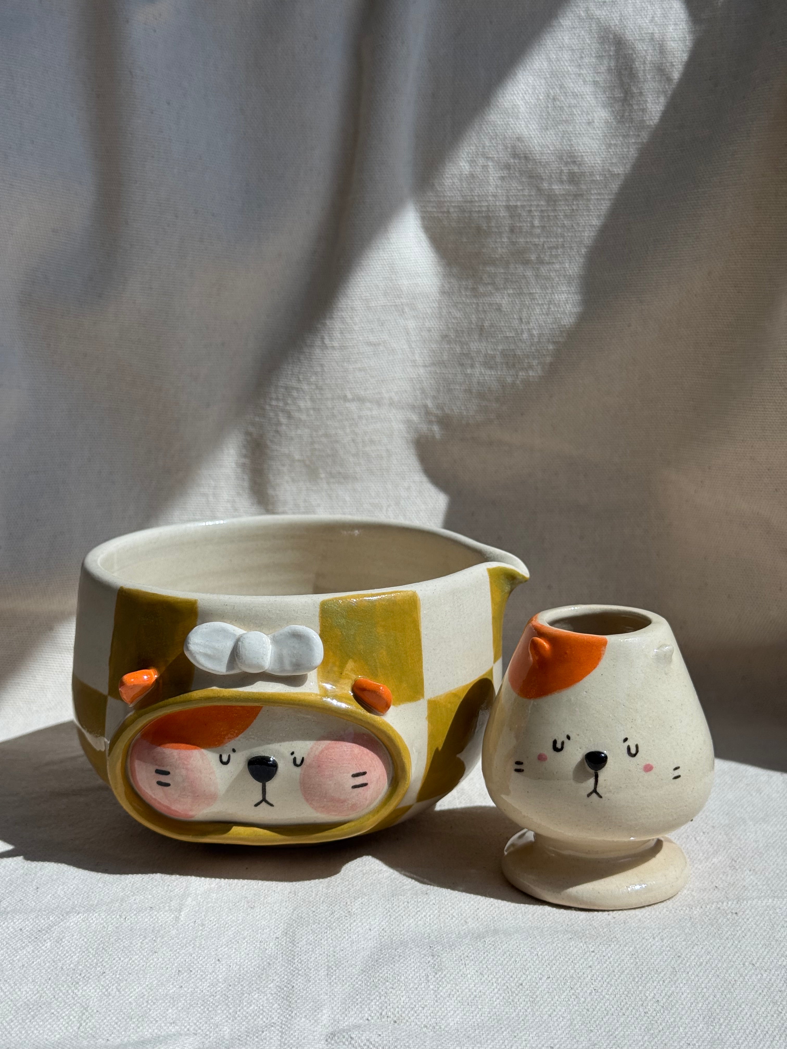 Matcha Bowl Mustard Yellow Checkered Doggy Katakuchi Set - Thumbnail 3