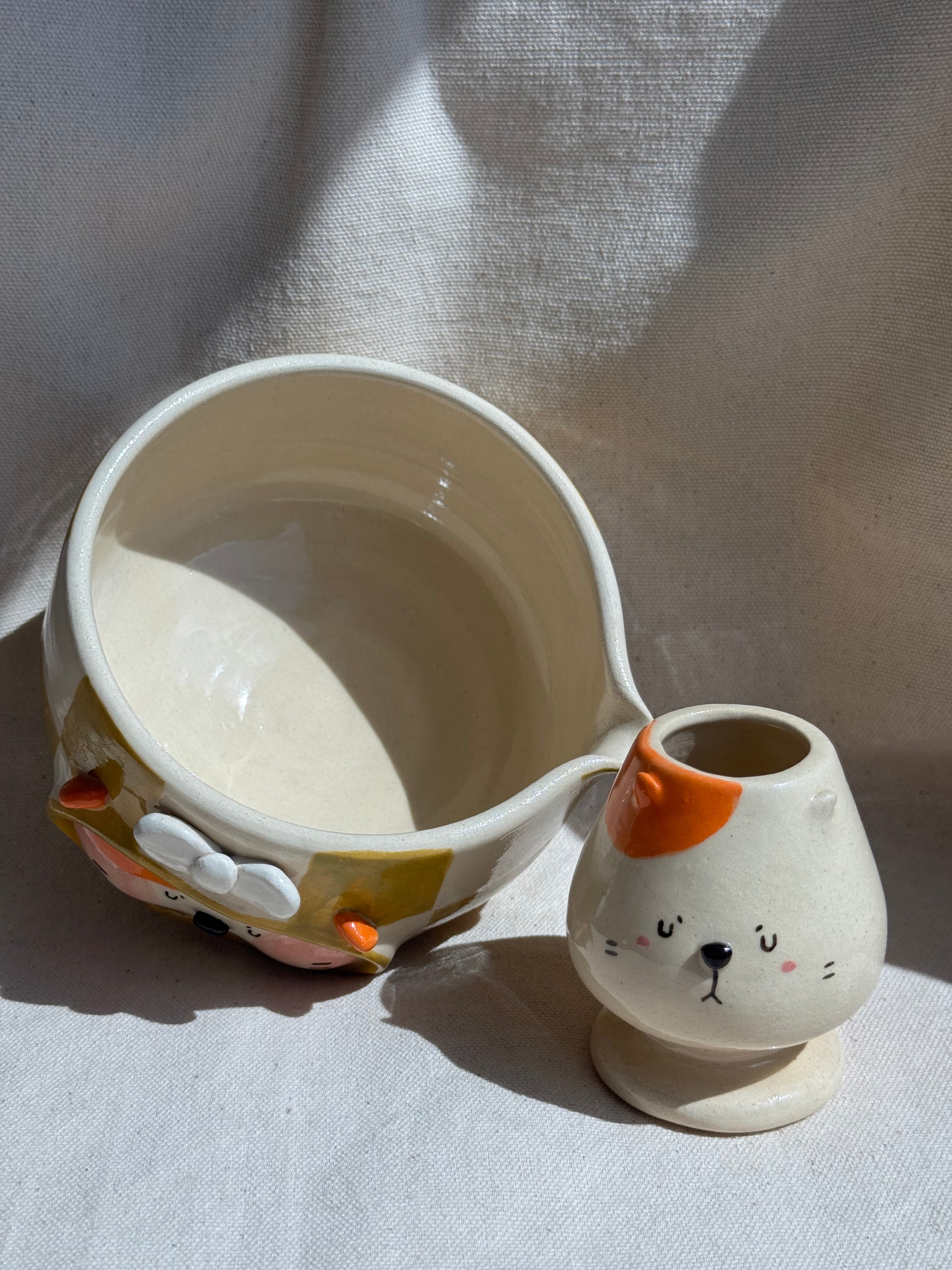 Matcha Bowl Mustard Yellow Checkered Doggy Katakuchi Set - Thumbnail 4