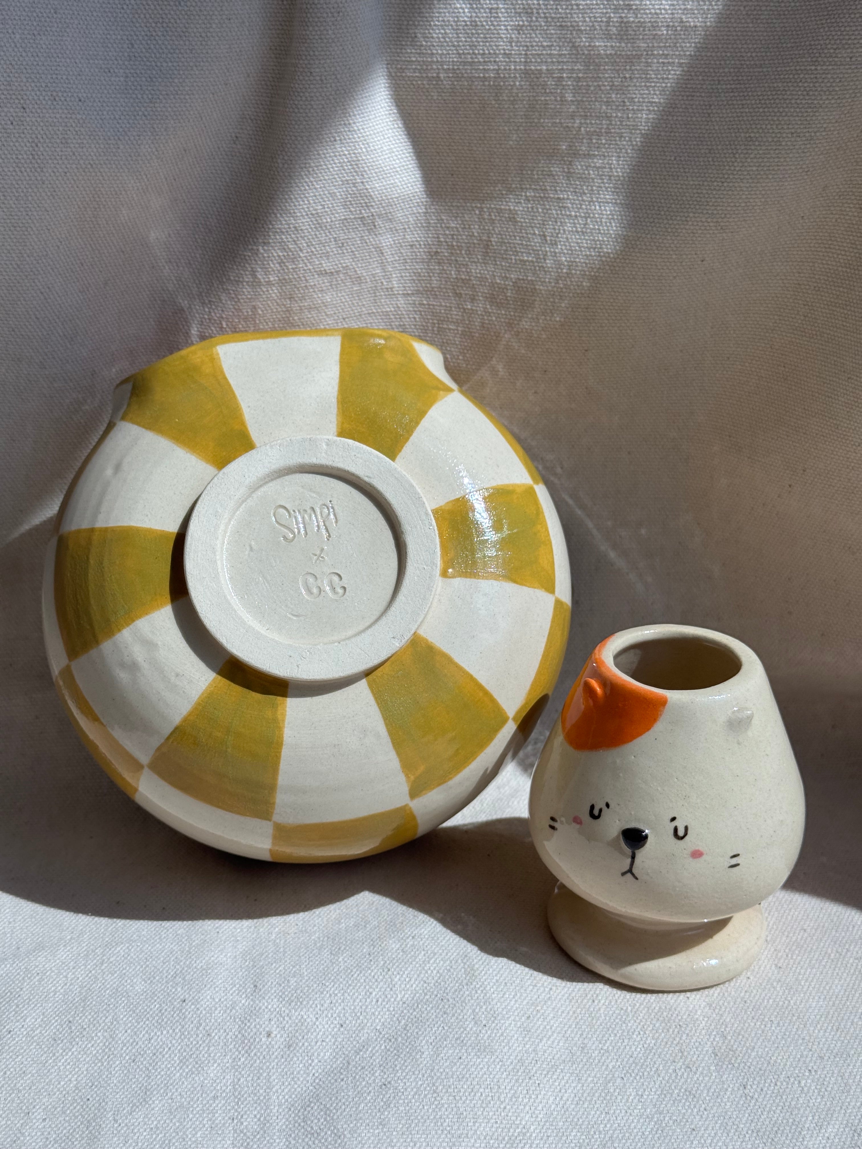 Matcha Bowl Mustard Yellow Checkered Doggy Katakuchi Set