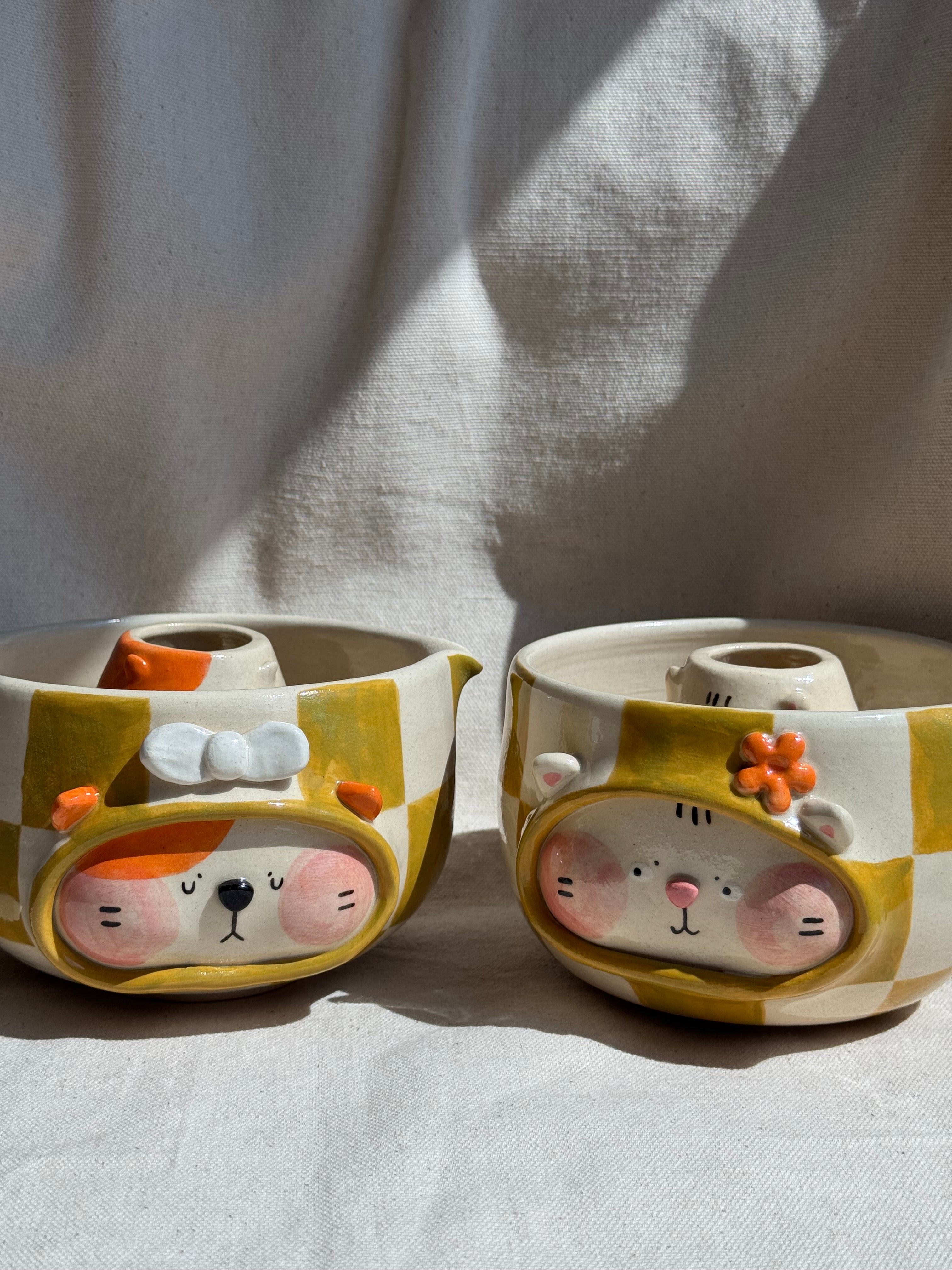 Matcha Bowl Mustard Yellow Checkered Doggy Katakuchi Set - Thumbnail 2