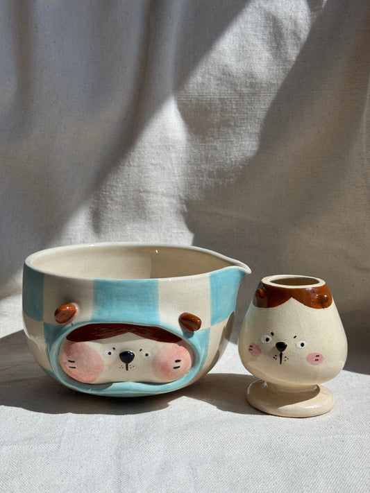 MATCHA BOWL BLUE CHECKERED DOGGY KATAKUCHI SET 🌸