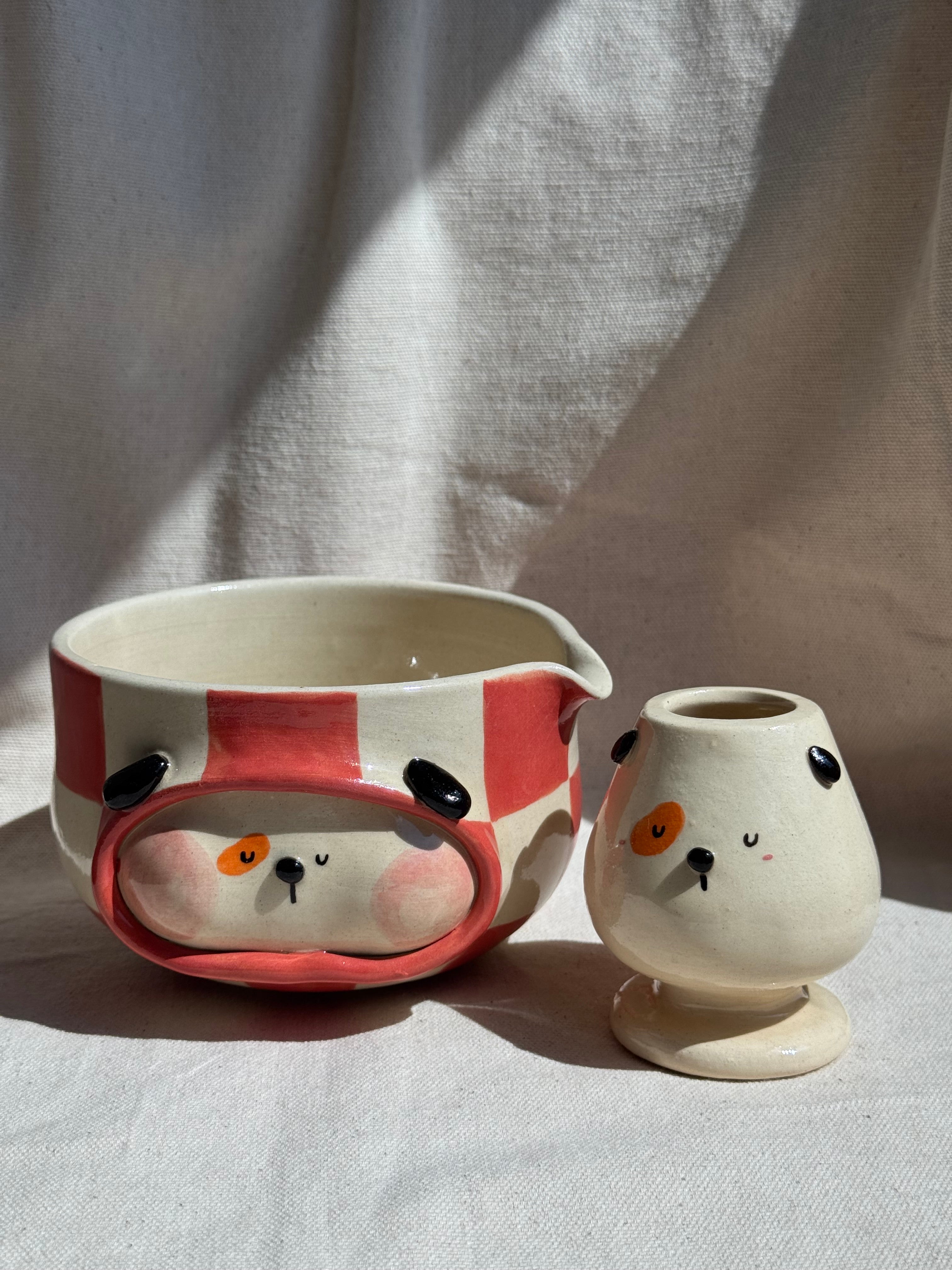 Matcha Bowl Red Checkered Doggy Katakuchi Set