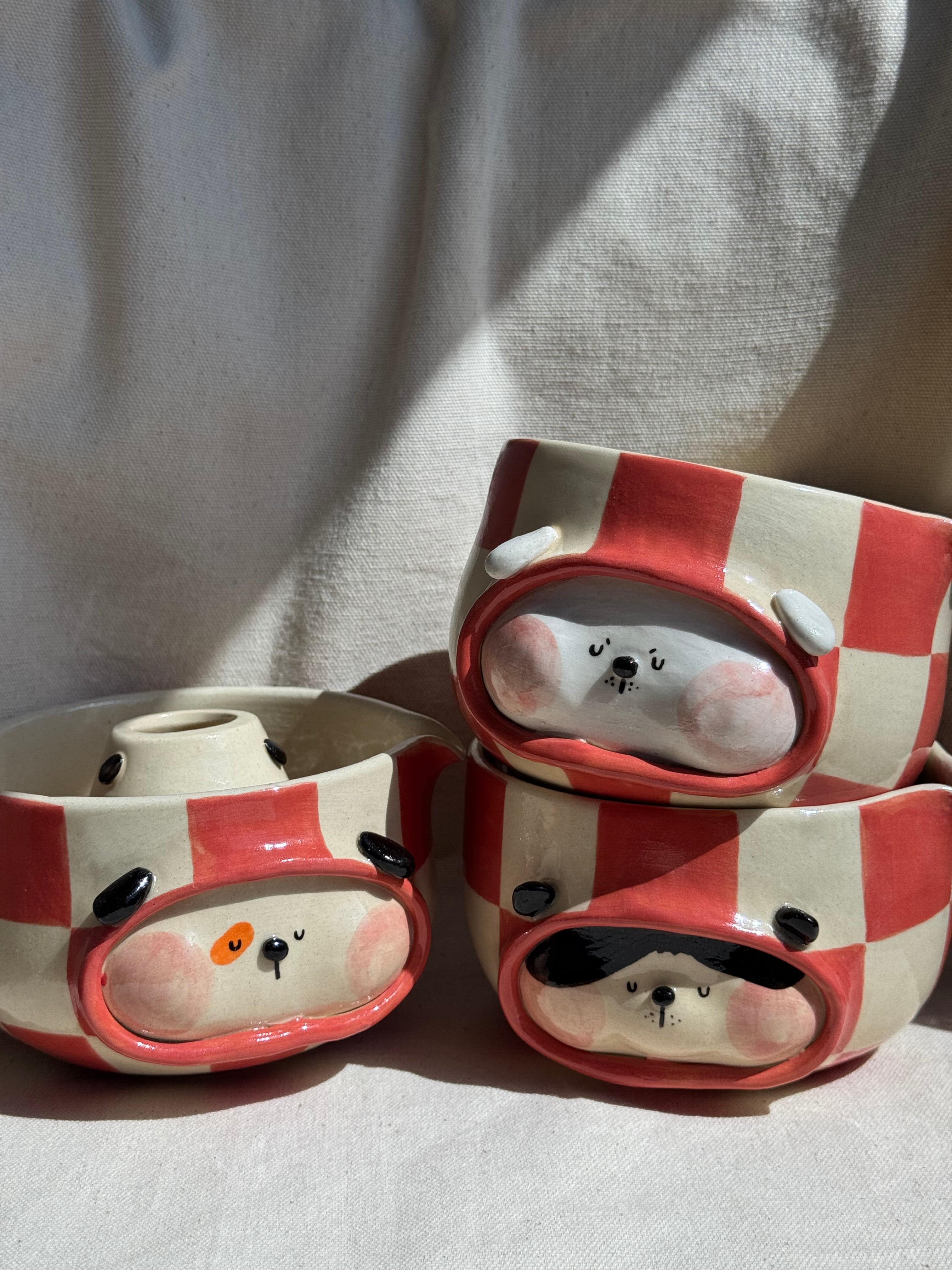 Matcha Bowl Red Checkered Doggy Katakuchi Set - Thumbnail 4