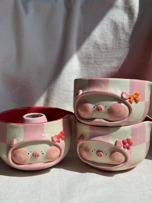 MATCHA BOWL PINK CHECKERED PIGGY KATAKUCHI SET 🌸