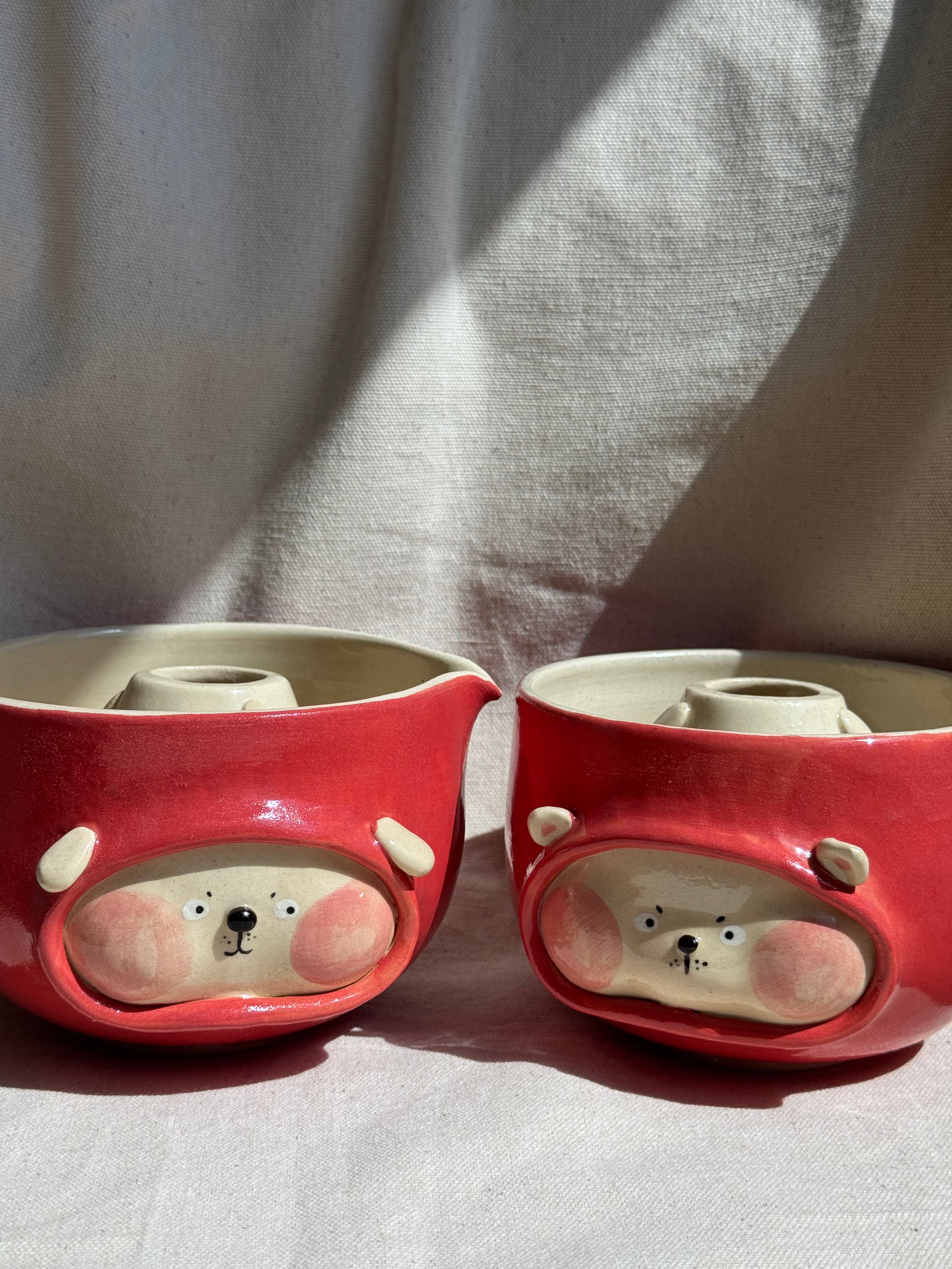 Matcha Bowl Red Checkered Doggy Katakuchi Set - Thumbnail 3