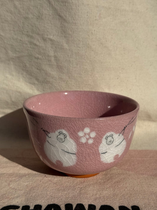 MATCHA BOWL HAND PAINTED MONKEY PINK GLAZE 🌸
