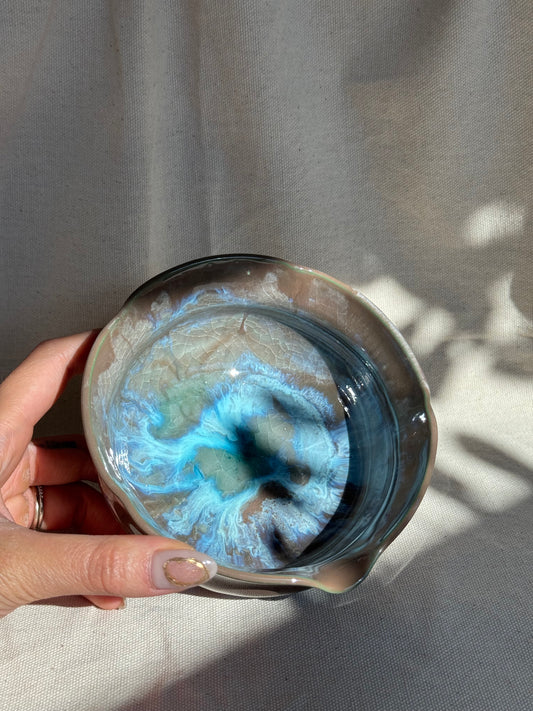 MATCHA BOWL FLORAL GREEN BROWN DRIPPING GLAZE KATAKUCHI 🌸