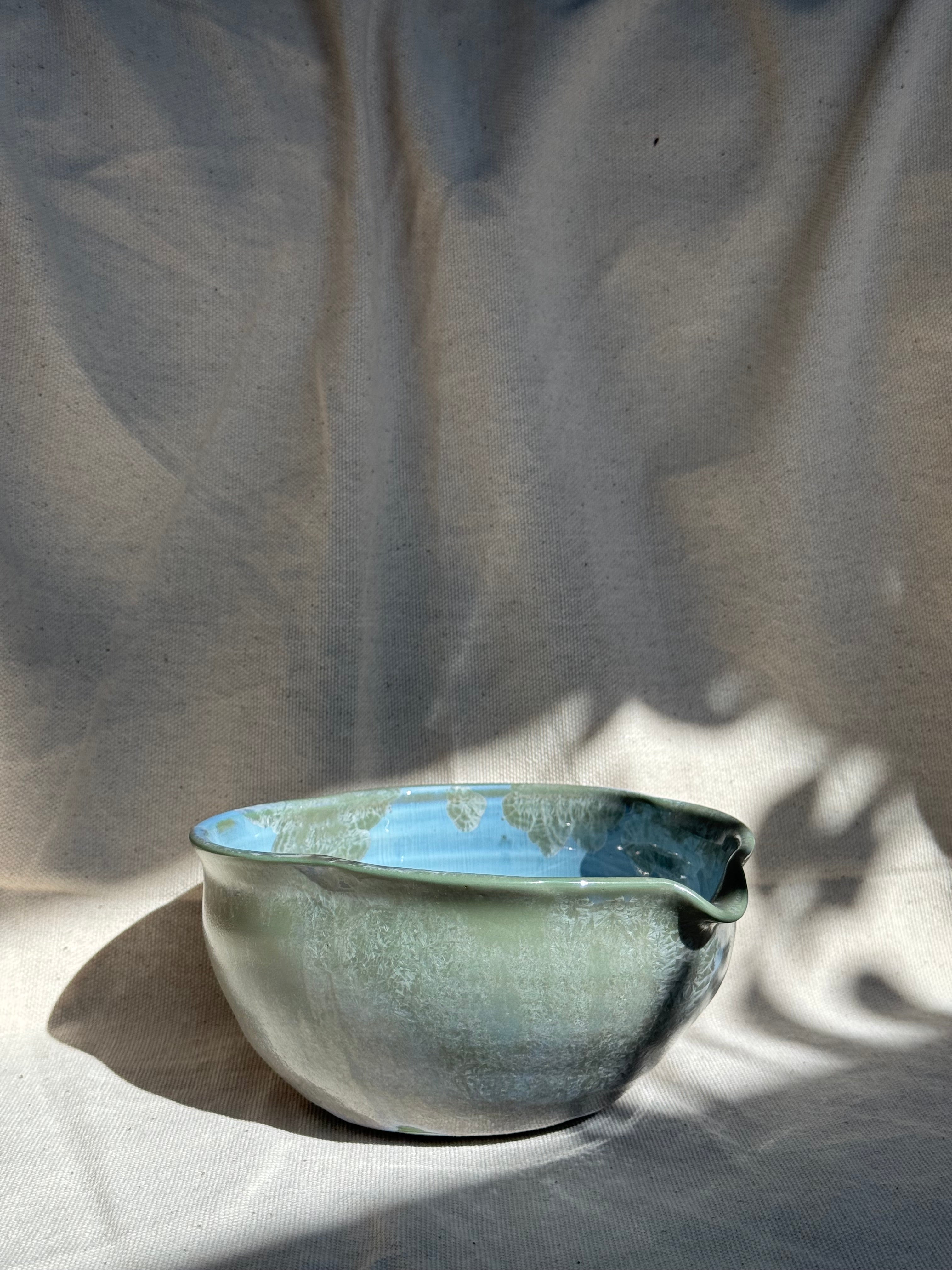 Matcha Bowl Green Leaf Blue Glaze Katakuchi - Thumbnail 2