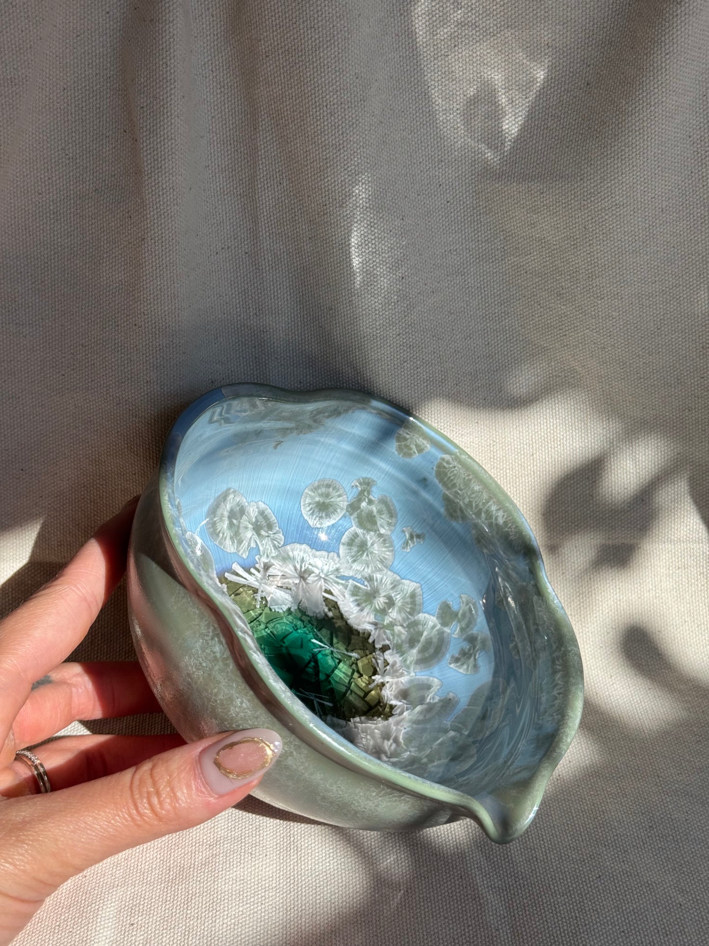 MATCHA BOWL GREEN LEAF BLUE GLAZE KATAKUCHI 🌸