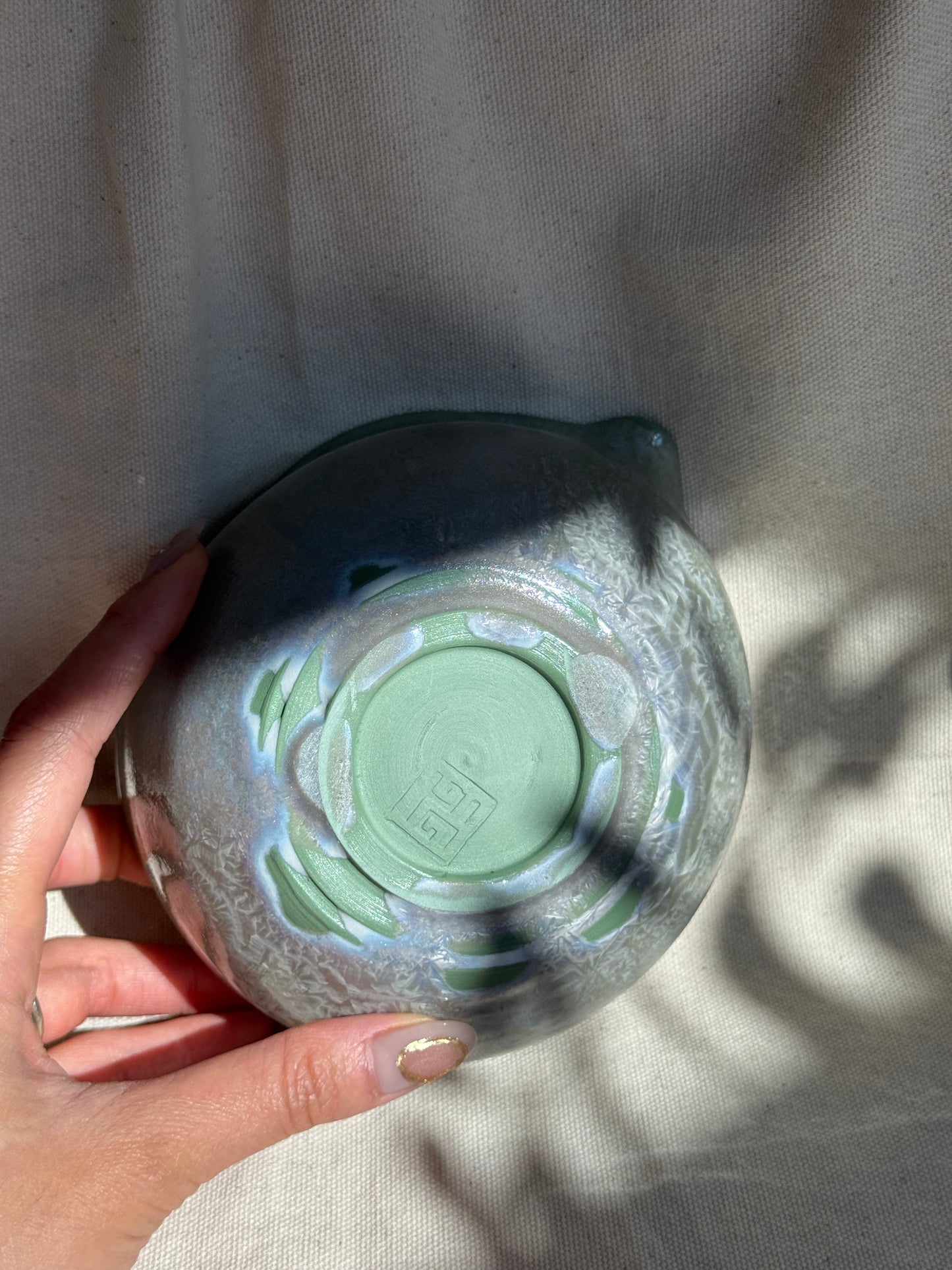 MATCHA BOWL GREEN LEAF BLUE GLAZE KATAKUCHI 🌸