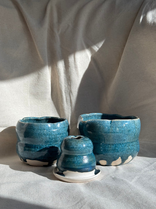 MATCHA BOWL FLORAL BLUE GLAZE 3 PCS SET 🌸