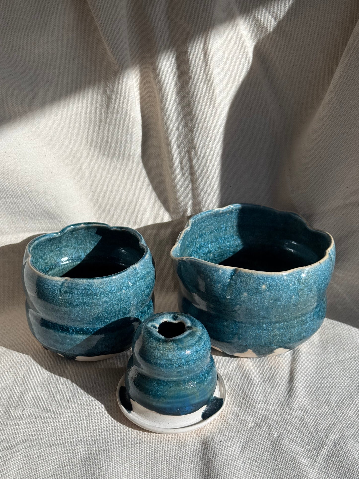 MATCHA BOWL FLORAL BLUE GLAZE 3 PCS SET 🌸