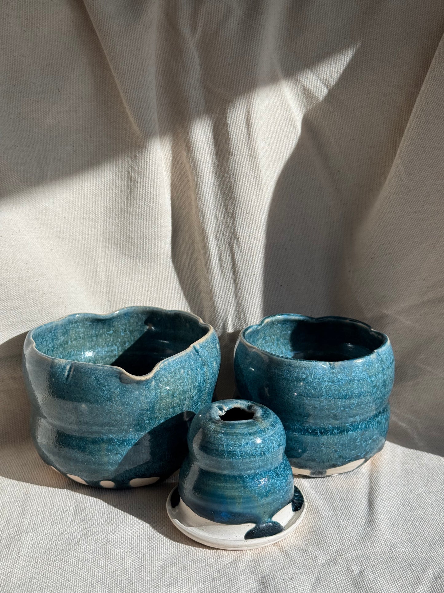MATCHA BOWL FLORAL BLUE GLAZE 3 PCS SET 🌸
