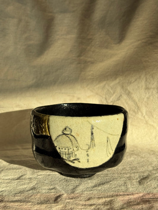 MATCHA BOWL KURO RAKU HAND PAINTED WHITE GLAZE🌸