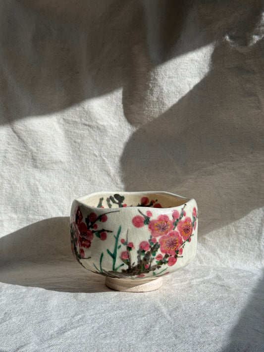 MATCHA BOWL WHITE RAKU WITH CHERRY PLUMS 🌸