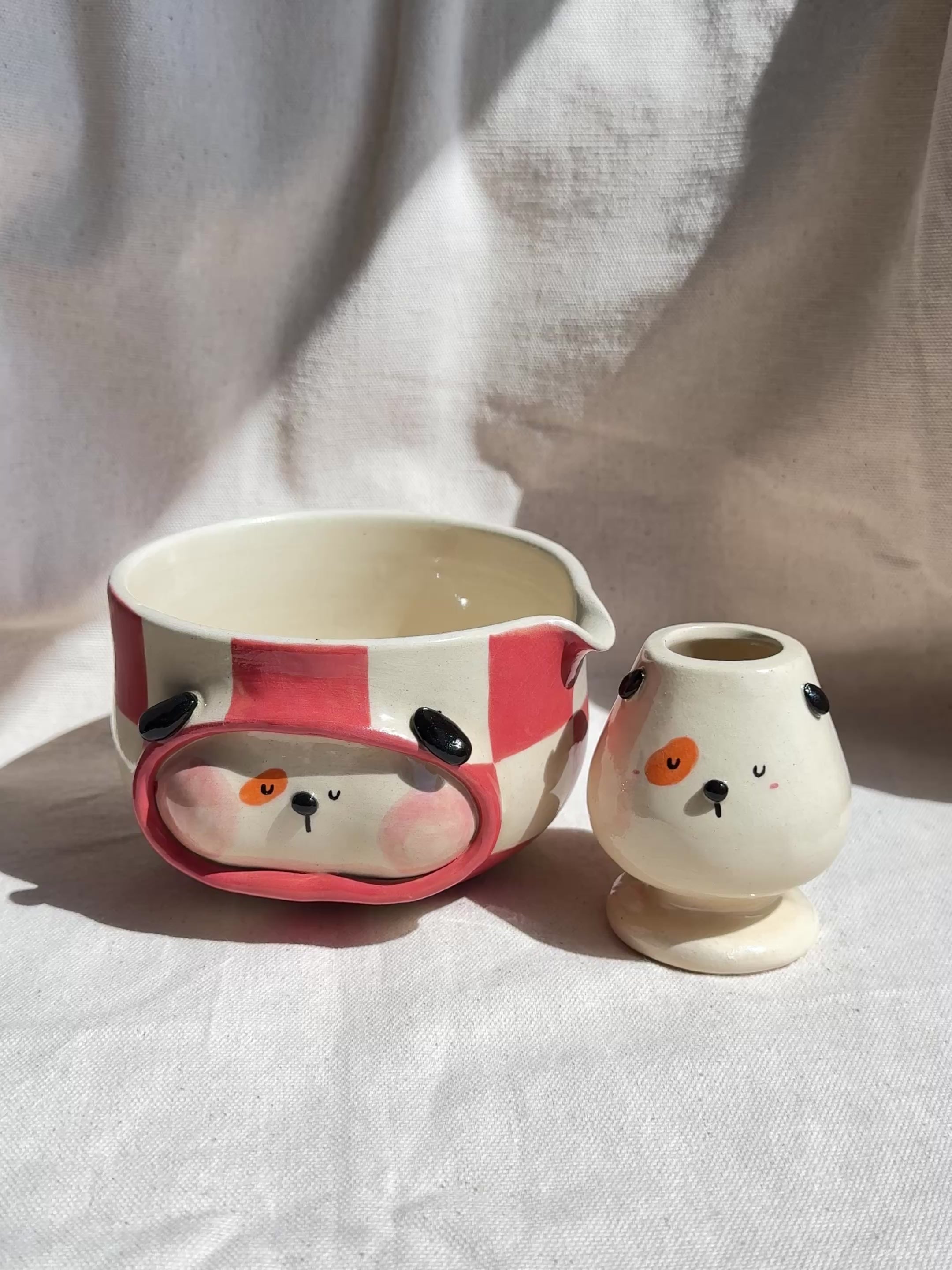 Matcha Bowl Red Checkered Doggy Katakuchi Set - Thumbnail 5