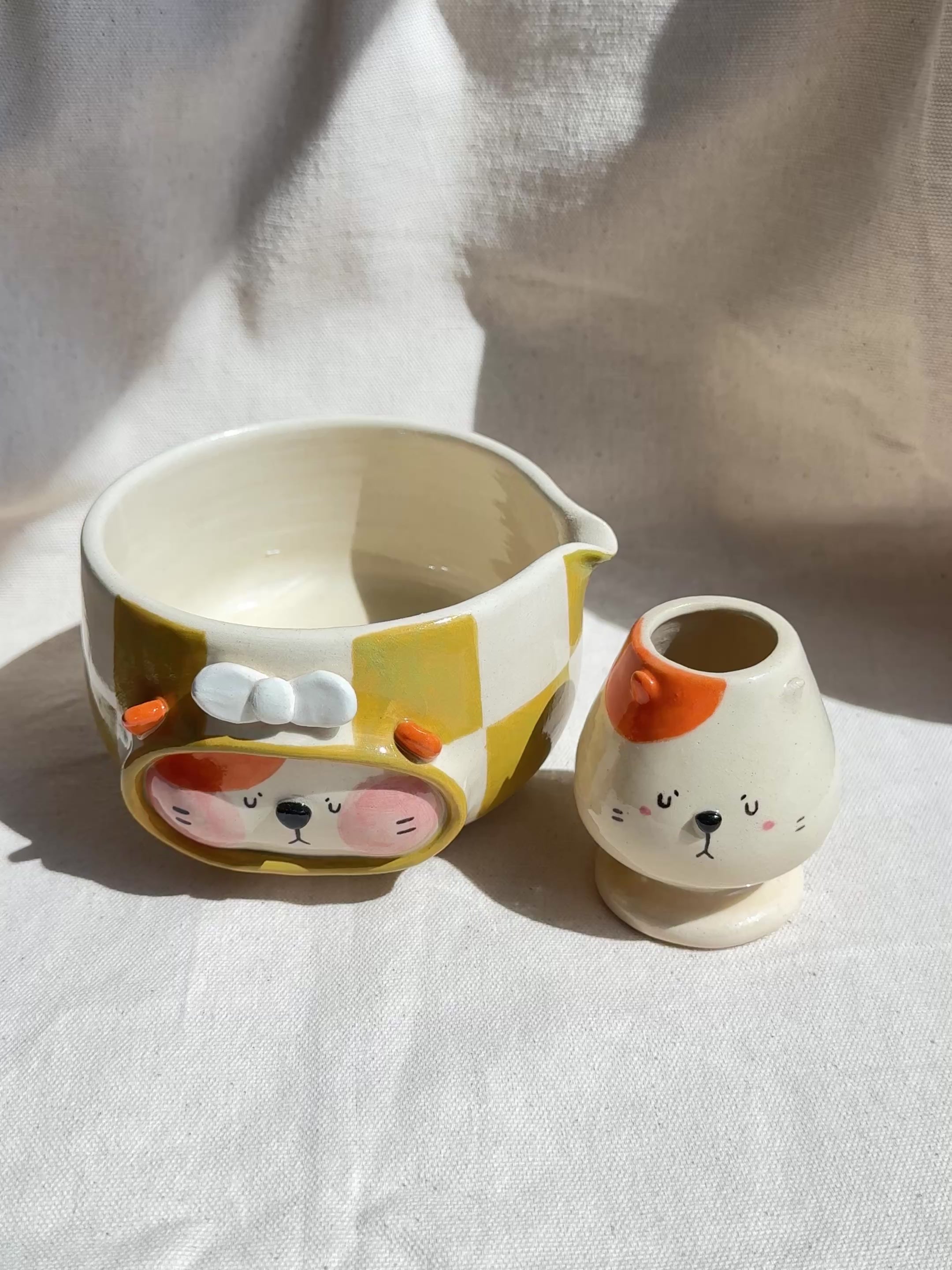Matcha Bowl Mustard Yellow Checkered Doggy Katakuchi Set - Thumbnail 5