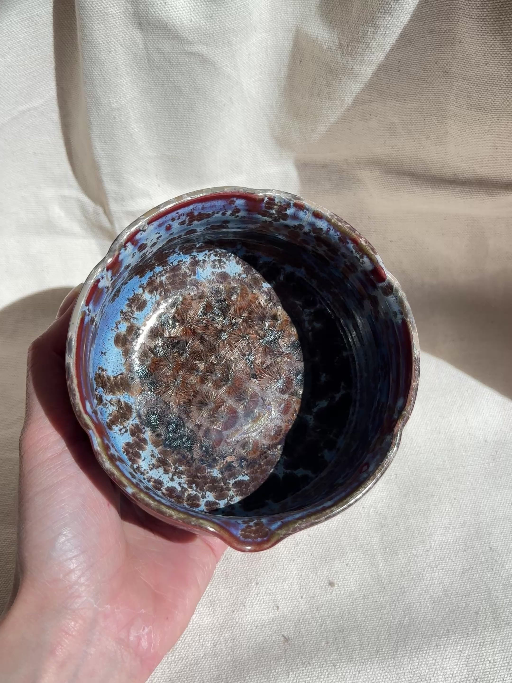 Matcha Bowl Blue Clay Brown Dots Floral Katakuchi - Thumbnail 2