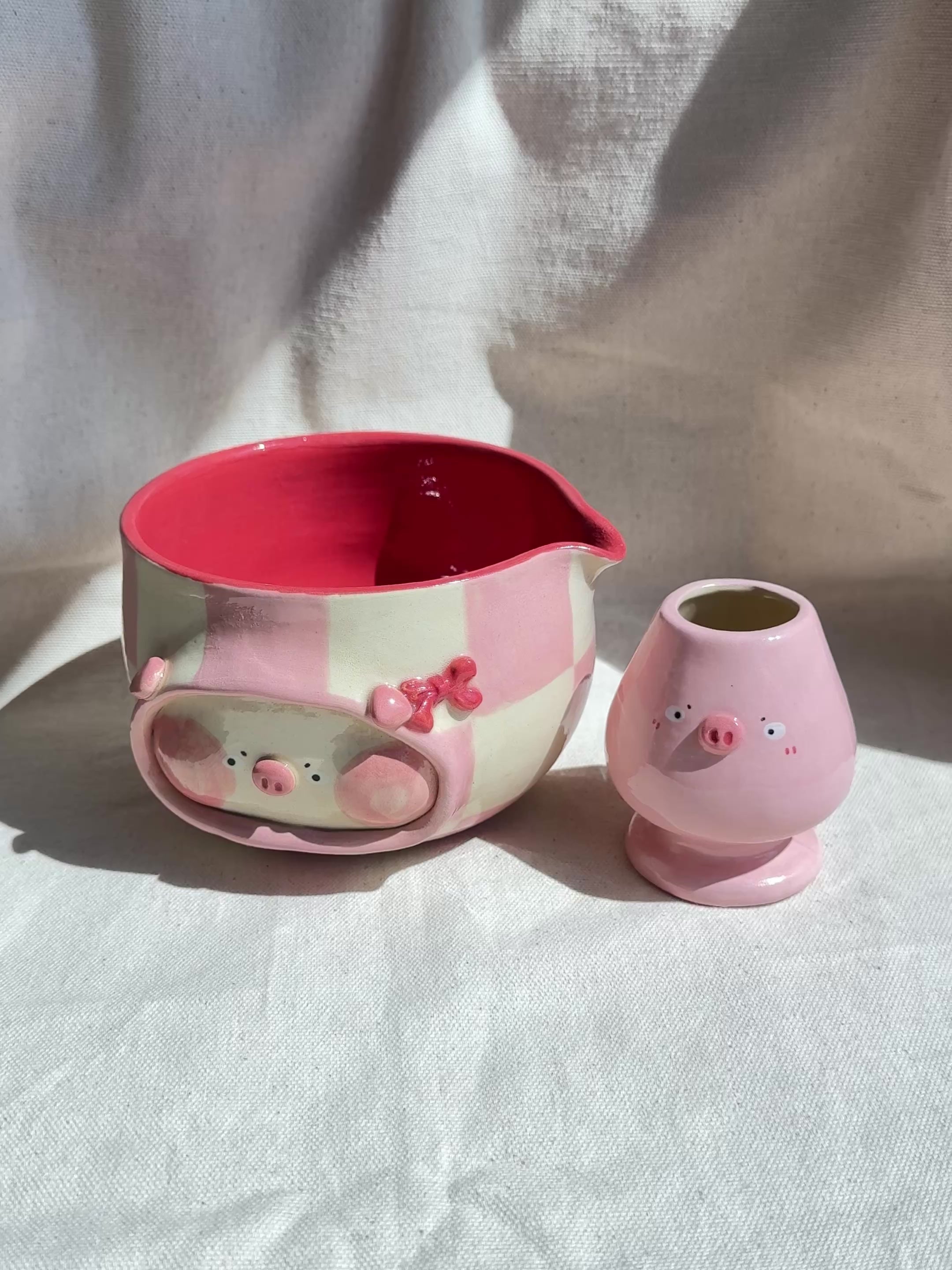 Matcha Bowl Pink Piggy Katakuchi Set - Thumbnail 2