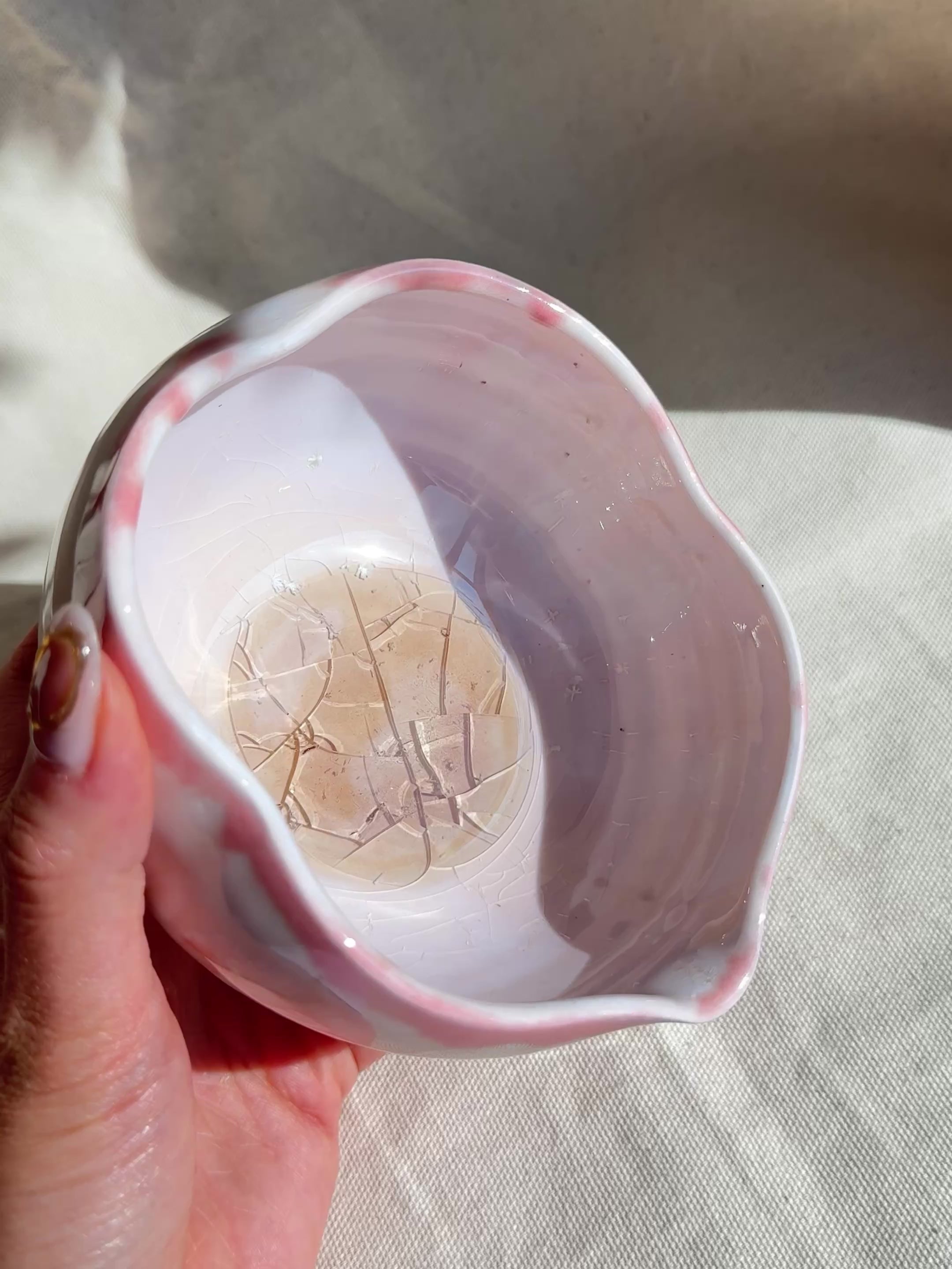 Matcha Bowl Irregular Pale Pink Dripping Glaze Katakuchi - Thumbnail 4